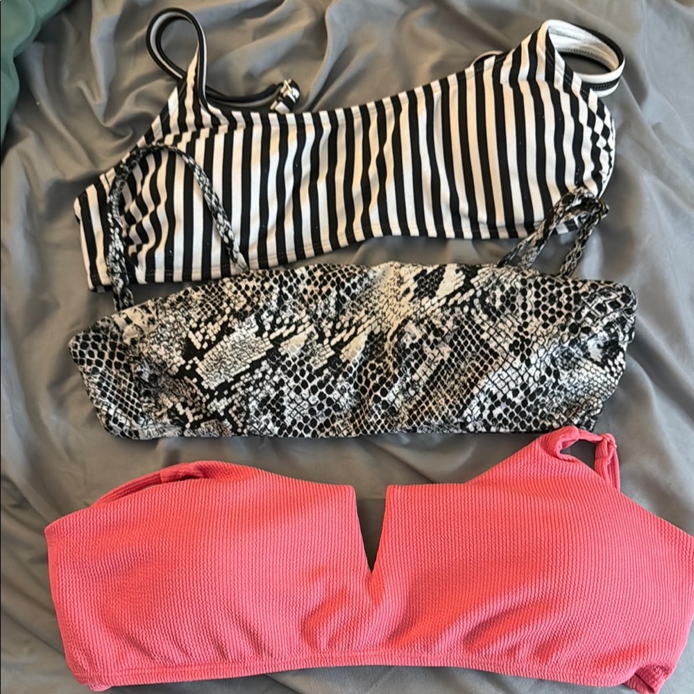 Striped, Snake Print, and Pink Bikini Tops